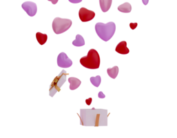 Open gift box with balloon heart isolated transparent background PNG file. 3D Render.