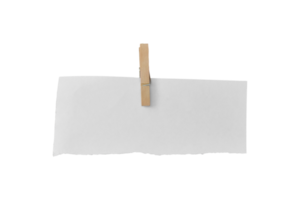 Wooden clip and white paper torn isolated on transparent background PNG file.