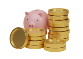 3d rendering. Stack of golden coins with pink piggy bank isolated on transparent background PNG file.