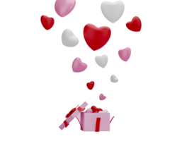 Open gift box with balloon heart isolated transparent background PNG file. 3D Render.