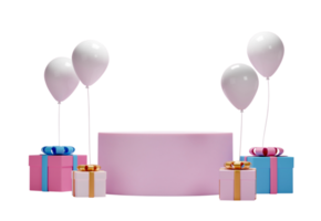 Gift box and balloons with platform for cosmetic product presentation isolated on transparent background PNG file. 3d rendering.