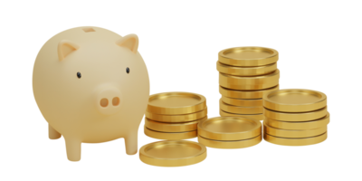 3d rendering. Stack of golden coins with pink piggy bank isolated on transparent background PNG file.