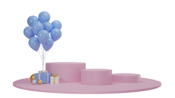 Gift box with balloon and circle podium on isolated on transparent background PNG file. 3d rendering