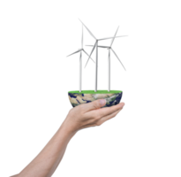 Wind turbines and globe in human hand isolated on transparent background PNG file. Elements of this image furnished by NASA