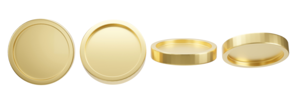 Set of golden coin in different shape isolated on transparent background PNG file. 3d rendering.