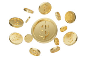 explosión de monedas de oro con signo de dólar aislado en archivo png de fondo transparente. representación 3d