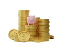 3d rendering. Stack of dollar coins with pink piggy bank isolated on transparent background PNG file.