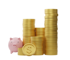 3d rendering. Stack of dollar coins with pink piggy bank isolated on transparent background PNG file.