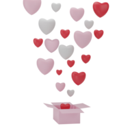 Gift box open balloon heart float isolated on transparent background PNG file. 3D