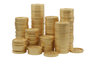 Golden coins stack isolated on transparent background PNG file. 3D rendering.