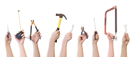 Hands holding different mechanic tool isolated on transparent background PNG file