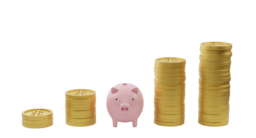 Pink piggy bank and golden coins of growing graph isolated on transparent background PNG file. 3D rendering.