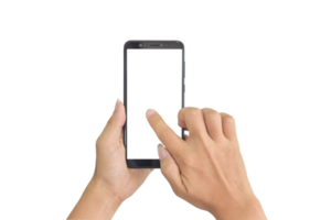 Hand holding phone mobile and touching screen on transparent background PNG file