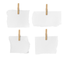 Set of Wooden clip and white paper torn isolated on transparent background PNG file.