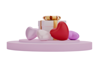 Gift box and heart on presentation podium isolated on transparent background PNG file. 3d rendering.