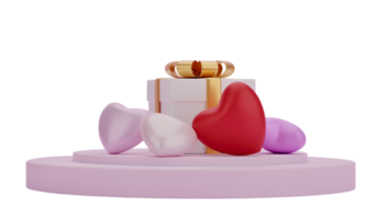 Gift box and heart on presentation podium isolated on transparent background PNG file. 3d rendering.