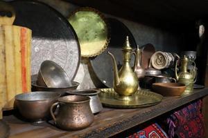 Makhachkala, Dagestan.Russia.September 20, 2022.The center of ethnic culture.Museum exhibition.Traditional caucasus copper tableware. Unfocused. photo