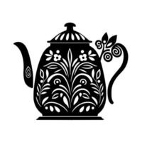 Teapot with ornamental patterns. Monochrome vector for logo, emblem, mascot, embroidery, sign, crafting.