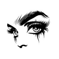 Beautiful and expressive female eyes with long eyelashes, dark make-up and fashionable thick eyebrows. Monochrome vector illustration.