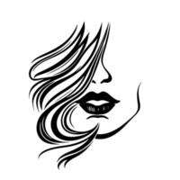 Female features, beautiful lips, long hair. Monochrome vector illustration.