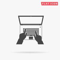 Business hands on notebook computer keyboard with open screen. Simple flat black symbol with shadow on white background. Vector illustration pictogram