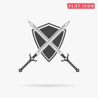 Two swords and shield. Simple flat black symbol with shadow on white background. Vector illustration pictogram