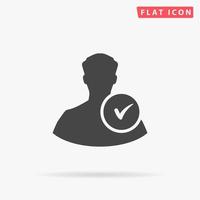 User profile web with check mark glyph. Simple flat black symbol with shadow on white background. Vector illustration pictogram