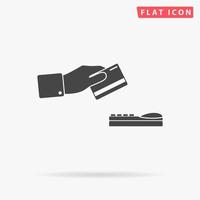 Hand swiping a credit card. Simple flat black symbol with shadow on white background. Vector illustration pictogram