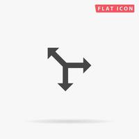 Three-way direction arrow. Simple flat black symbol with shadow on white background. Vector illustration pictogram