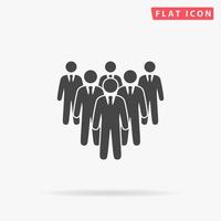 Leader standing in front of corporate crowd. Simple flat black symbol with shadow on white background. Vector illustration pictogram