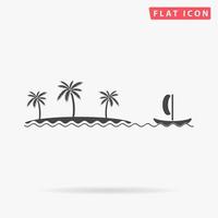 Ship sailing near the island with palm trees. Simple flat black symbol with shadow on white background. Vector illustration pictogram