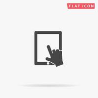 Click on the screen tablet. Simple flat black symbol with shadow on white background. Vector illustration pictogram