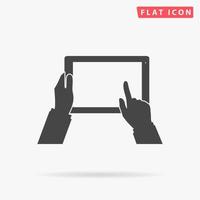 Tablet PC in human hands. Simple flat black symbol with shadow on white background. Vector illustration pictogram