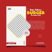 súper deliciosa hamburguesa y menú de comida plantilla de banner de redes sociales vector