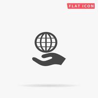 Globe with hand. Simple flat black symbol with shadow on white background. Vector illustration pictogram