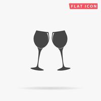 Two glasses of wine or champagne. Simple flat black symbol with shadow on white background. Vector illustration pictogram