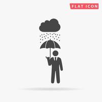 Businessman with umbrella protect from rain. Simple flat black symbol with shadow on white background. Vector illustration pictogram