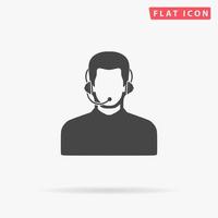 Call center operator with headset. Simple flat black symbol with shadow on white background. Vector illustration pictogram