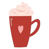 taza de cerámica con bebida caliente y crema batida en estilo plano de dibujos animados. ilustración vectorial dibujada a mano de café, cacao, moca, batido vector