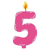 Candle number five in flat style. Hand drawn vector illustration of 5 symbol burning candle, design element for birthday cakes