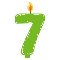 Candle number seven in flat style. Hand drawn vector illustration of 7 symbol burning candle, design element for birthday cakes