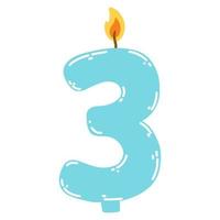 Candle number three in flat style. Hand drawn vector illustration of 3 symbol burning candle, design element for birthday cakes