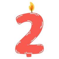Candle number two in flat style. Hand drawn vector illustration of 2 symbol burning candle, design element for birthday cakes
