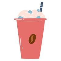 Iced coffee in paper cup with cream and straw. Flat hand drawn vector illustration of cold drink, icon, design element