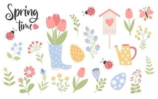 Spring time. Collection of flowers, rubber boot with bouquet tulips, watering can and ladybug. Isolated vector elements in flat style.