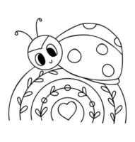 Cute ladybug. Funny small insect on rainbow. Vector illustration. Outline drawing. doodle ladybird character.