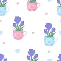 Floral seamless pattern. Spring bouquet of flowers saffron in cups on white background. Vector illustration. Delicate botanical endless background for decor, design, packaging, wallpaper, textile.