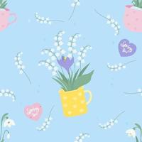 Floral seamless pattern. Bouquet spring flowers lilies of the valley and crocus in cup on light blue background. Vector illustration. Spring time endless pattern background for design, packaging.