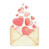 Postal envelope for Valentine day with Hearts Flying Away. Greeting card concept. Romantic mail. Hand drawn watercolor isolated illustration on white background. vector