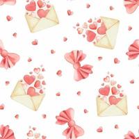 An envelope with hearts flying out of it and bows. Watercolor seamless pattern St. Valentine's day. Perfect for Birthday, wedding , wrapping paper, background, wallpaper, textile design. vector